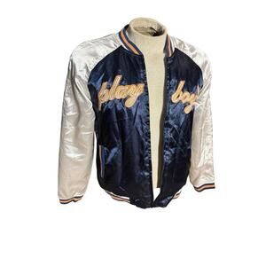 Playboy Satin Bomber Jacket Large Navy Gold Bunny Logo Embroidered Vintage Style